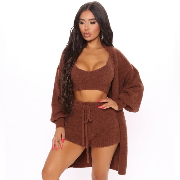 Living In It Cozy 3 Piece Set in Mocha Brown - Small Shorts, Crop Top & Robe - Picture 4 of 4
